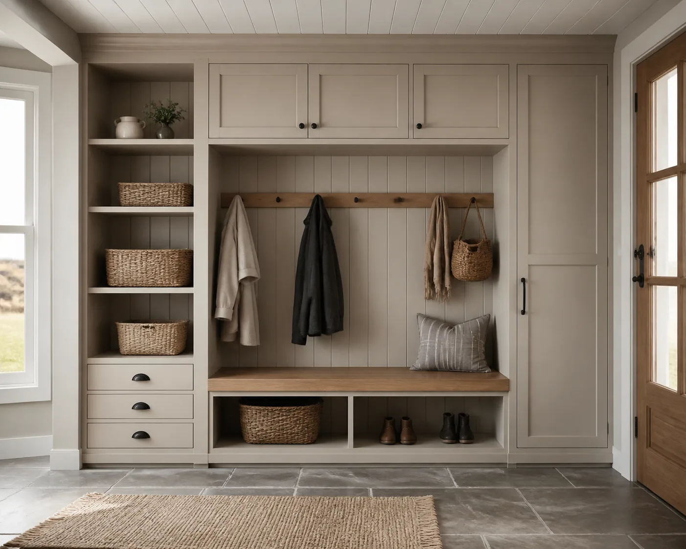 Editorial view of custom built-in storage cabinetry