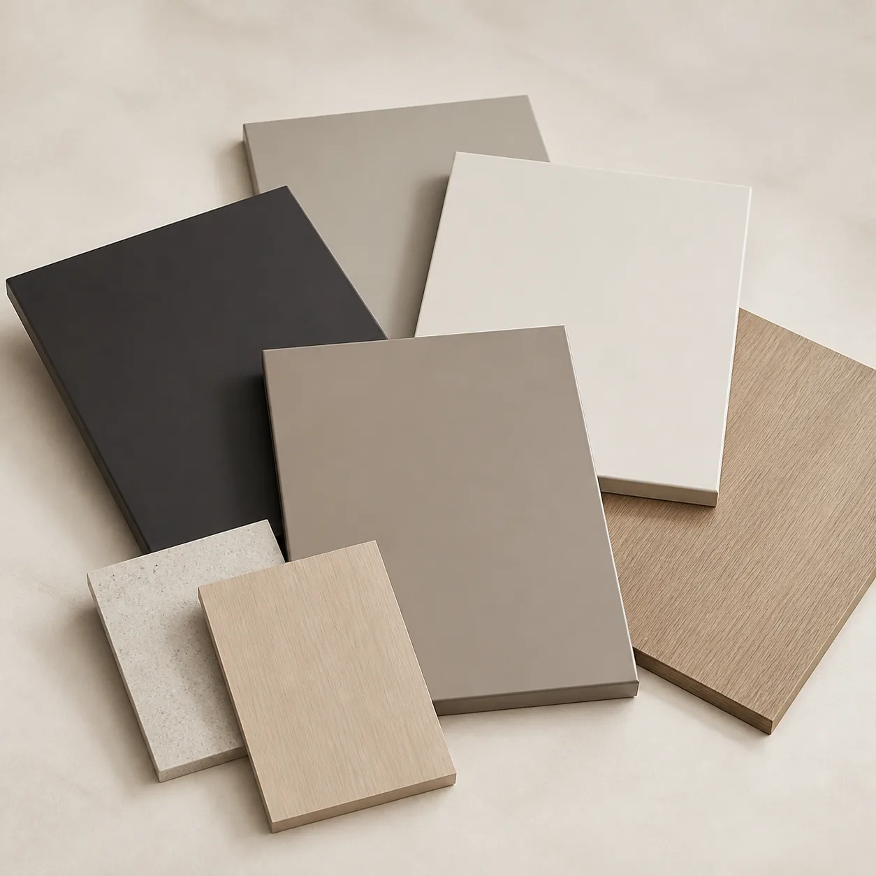 Several flat cabinet door boards and material samples arranged together
