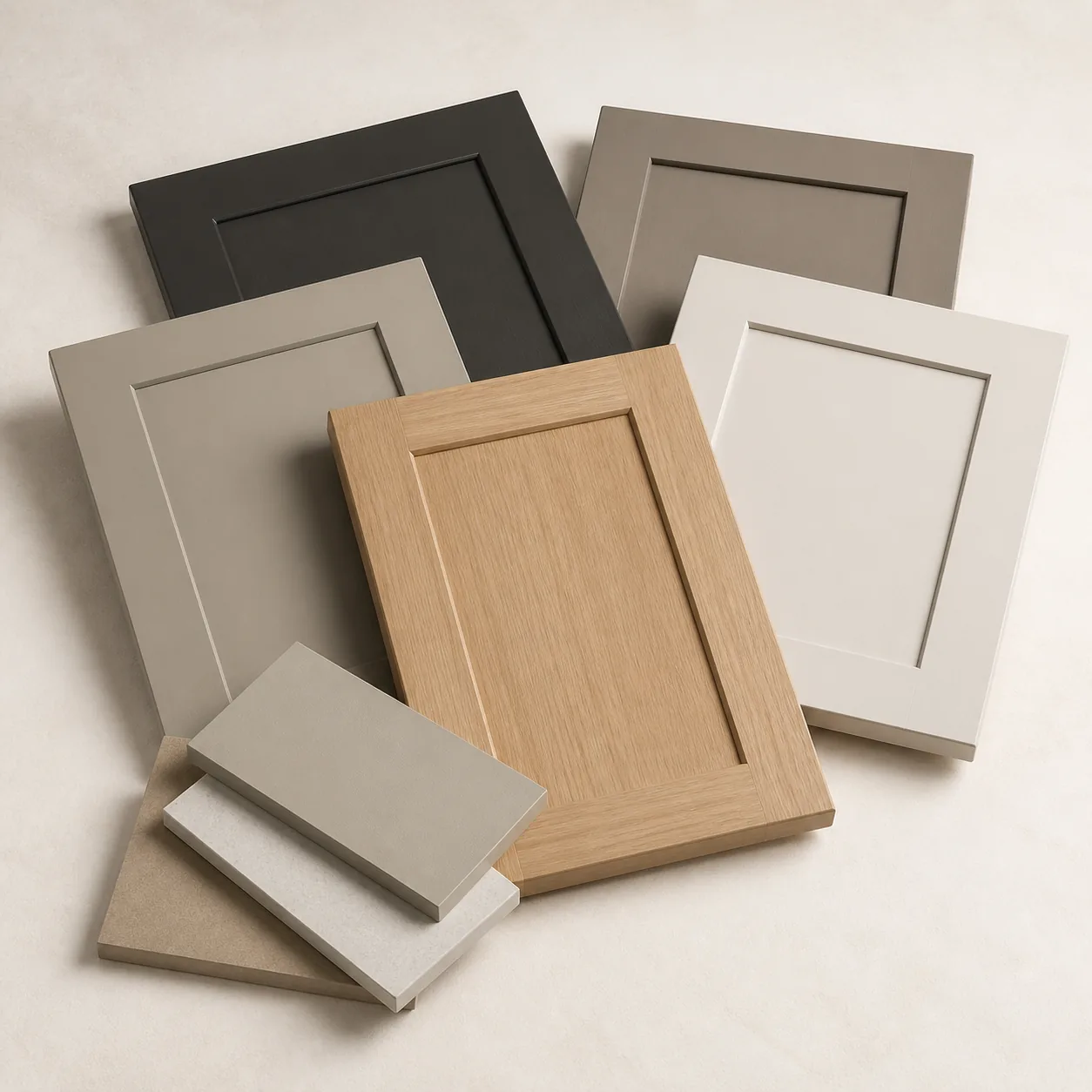 Several Shaker cabinet door boards and material samples arranged together