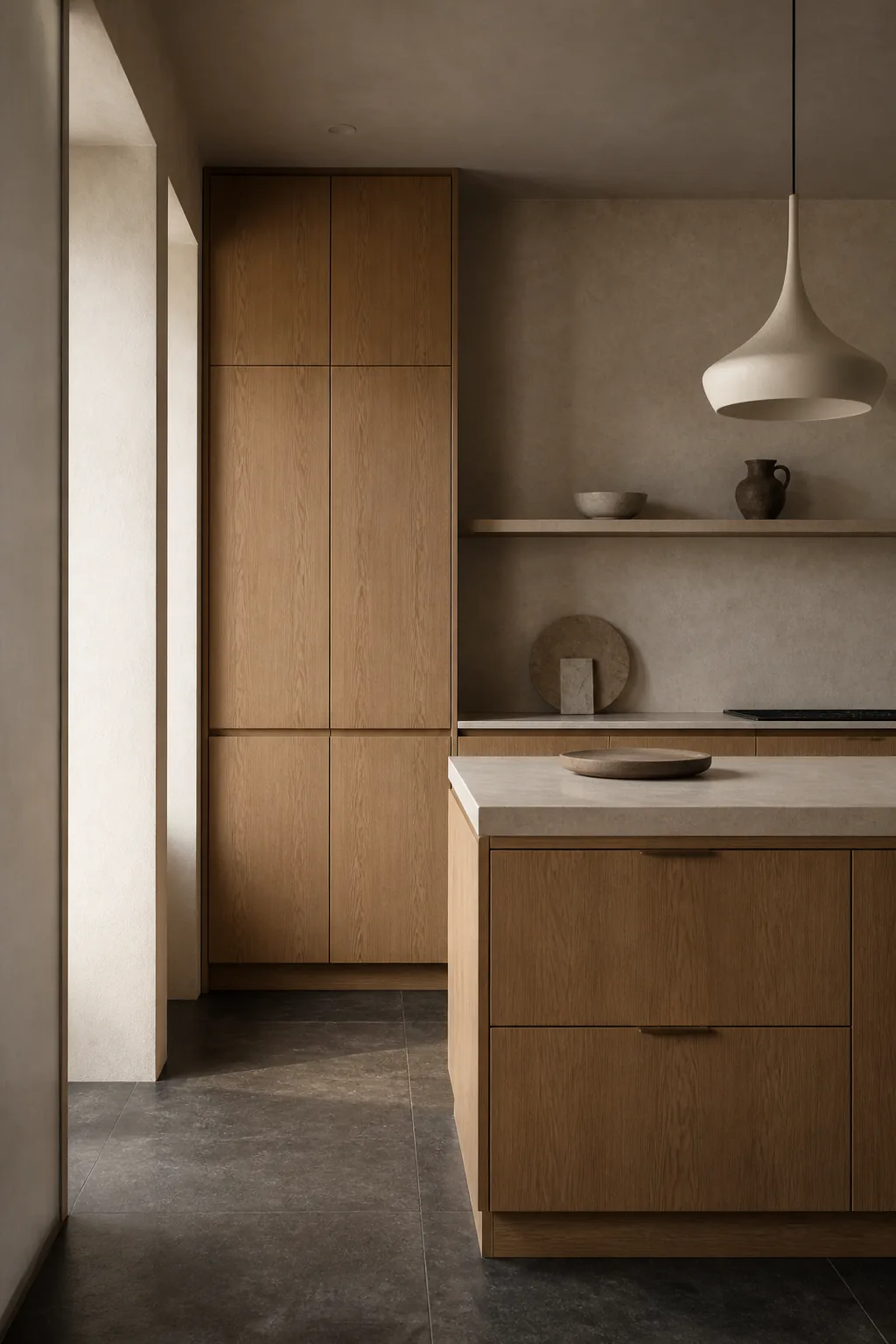 Warm oak kitchen cabinetry with a pale stone island