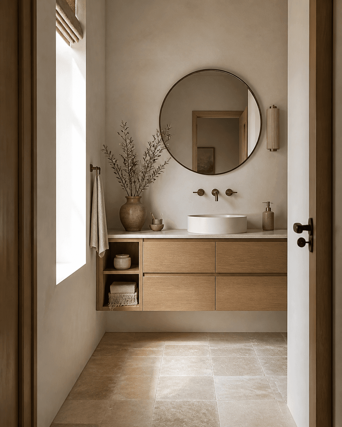 Calm bathroom with a custom oak floating vanity