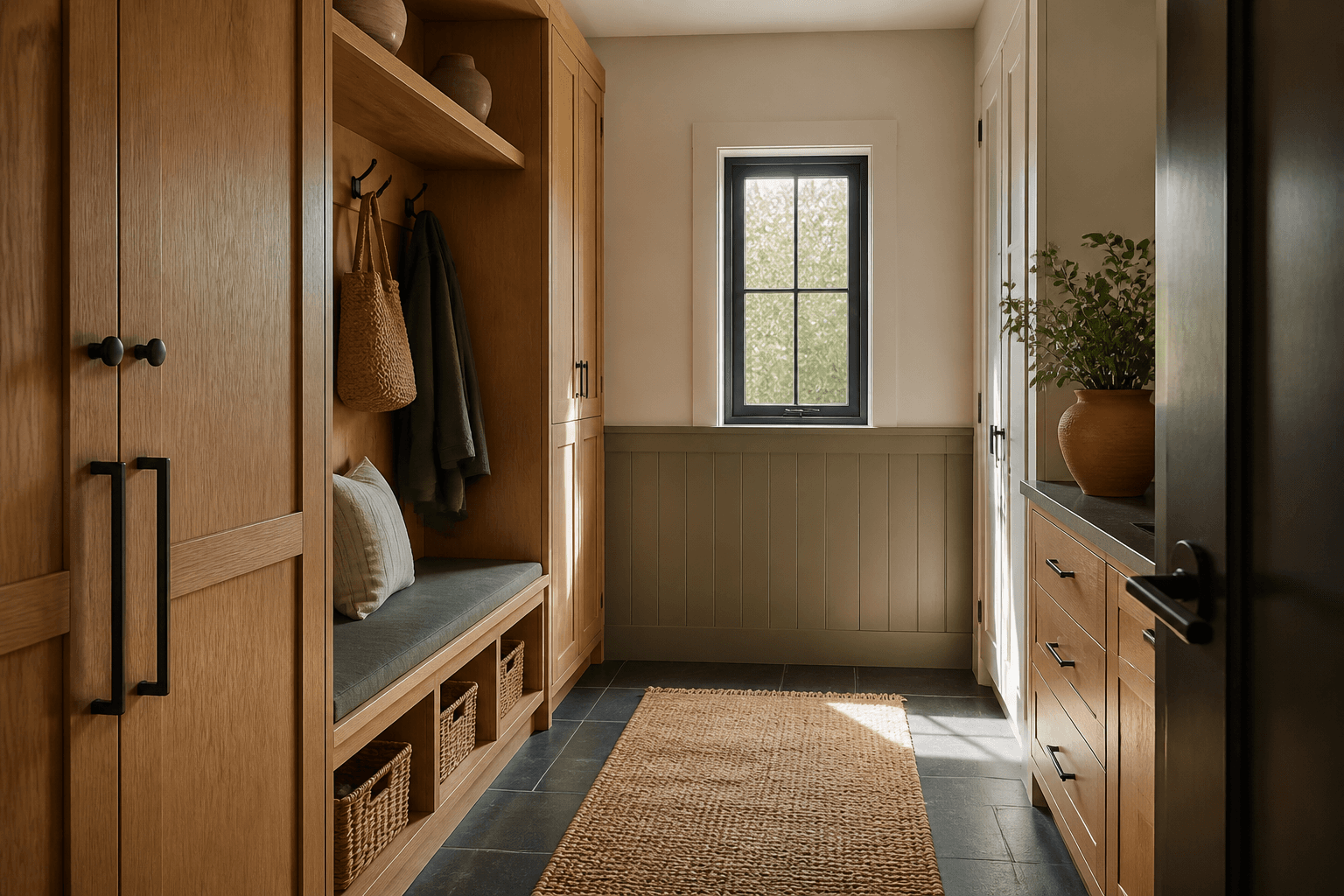 Oak mudroom entry with bench seating and storage