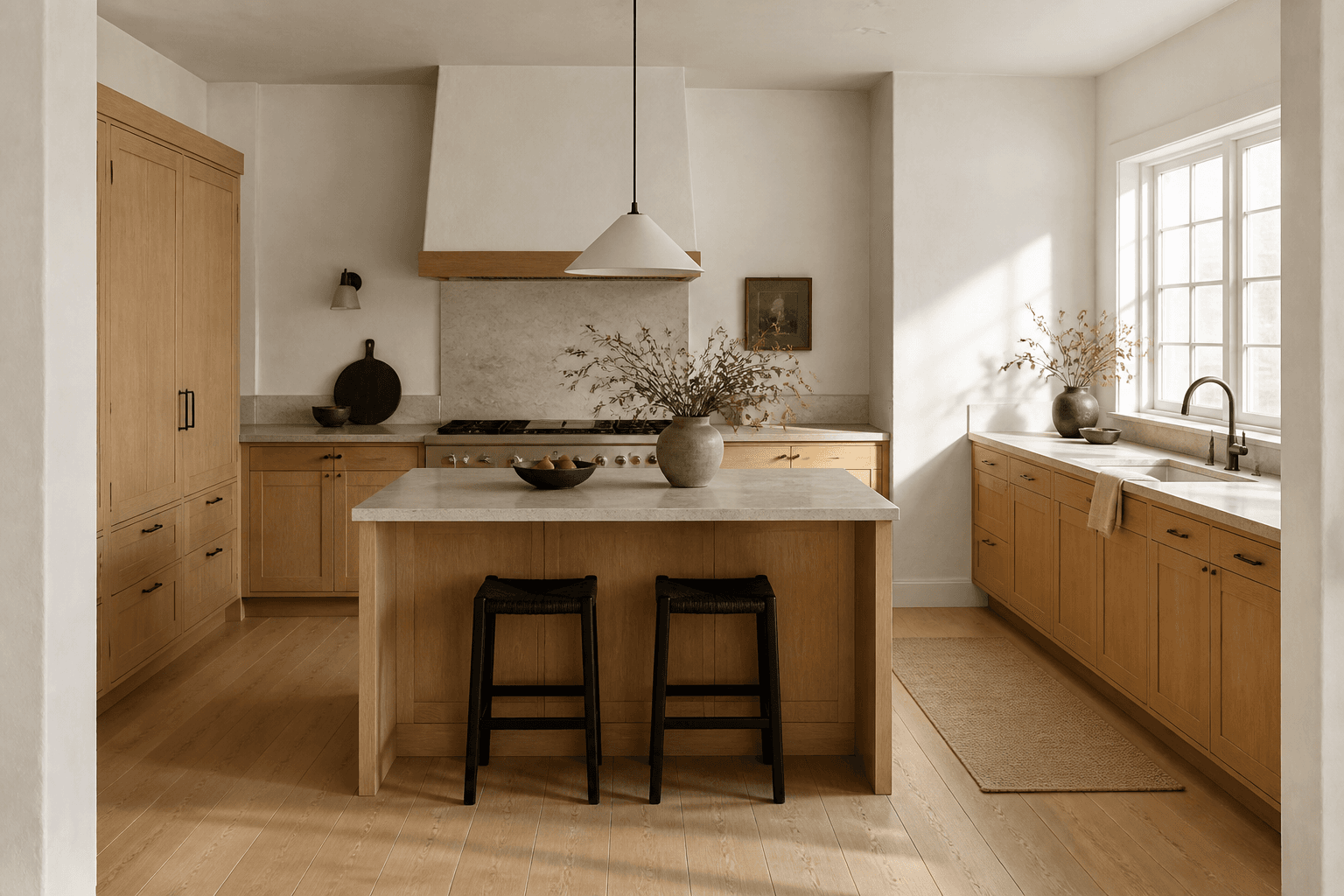 Warm oak kitchen with island and natural light