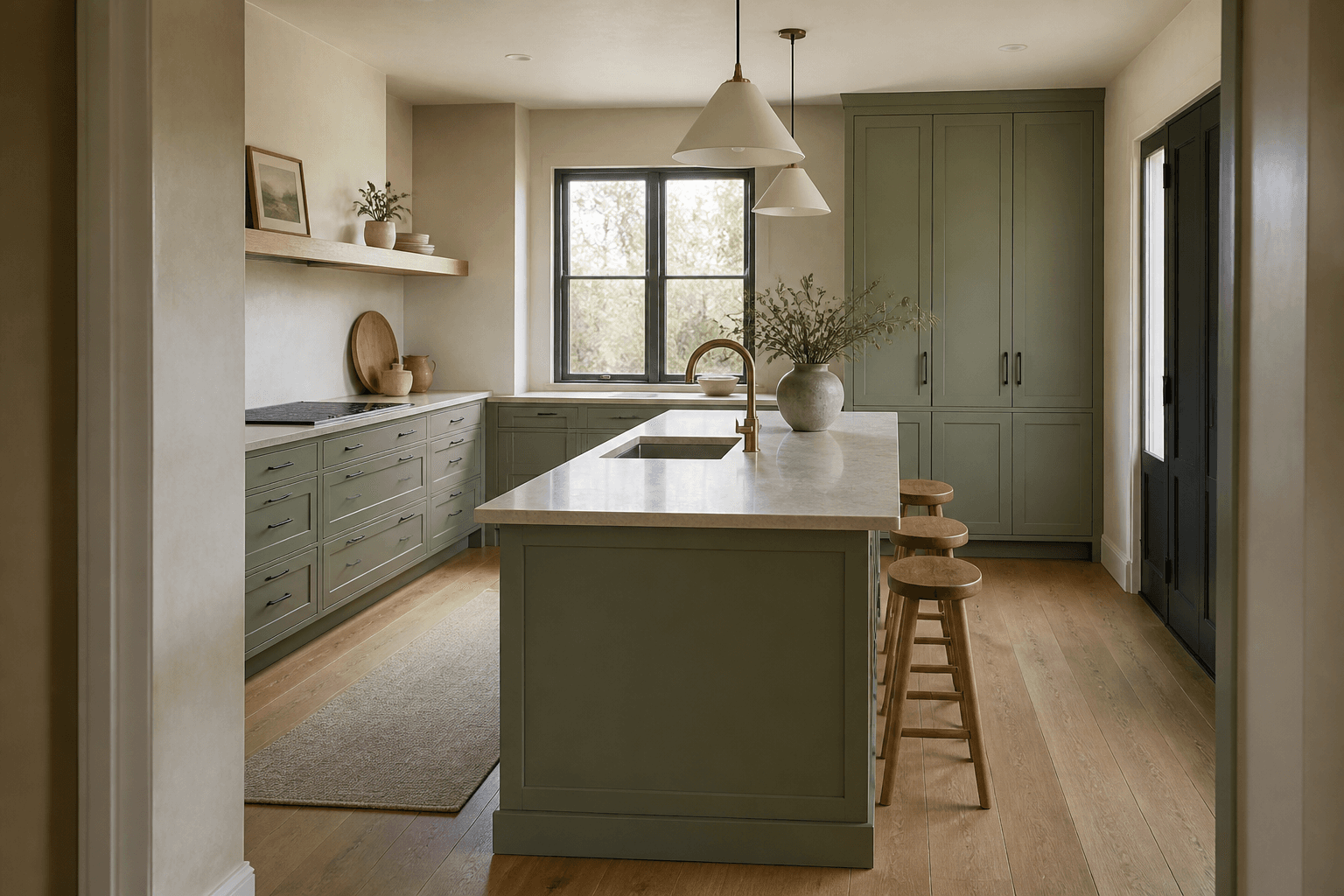 Muted sage green kitchen with island and pale stone