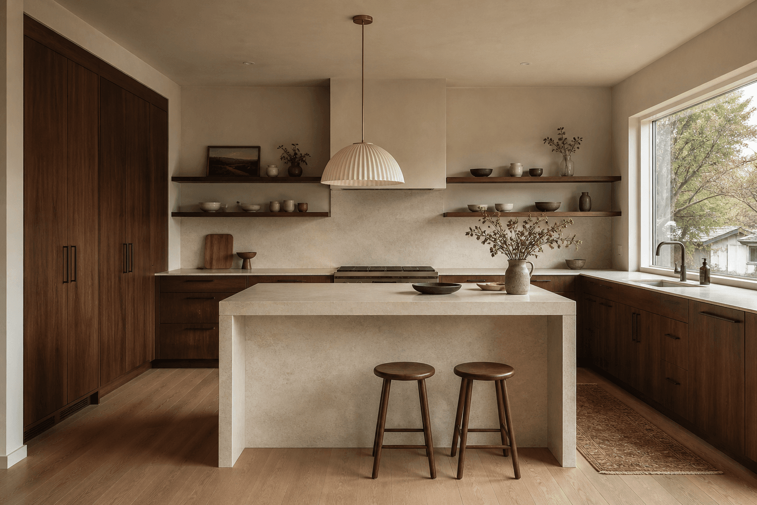 Deep walnut kitchen with open shelving and pale island