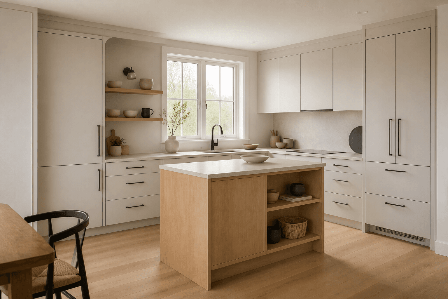 Compact light kitchen with oak island and integrated storage