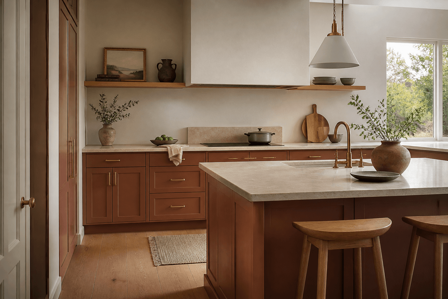 Muted clay kitchen with oak island and brass hardware