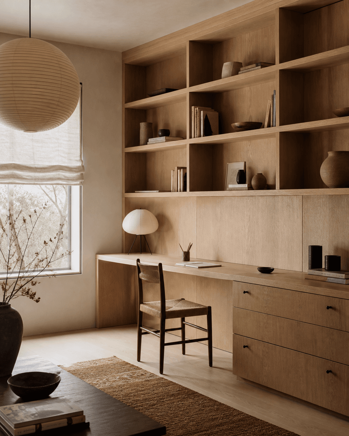 Oak built-in library wall with a small desk