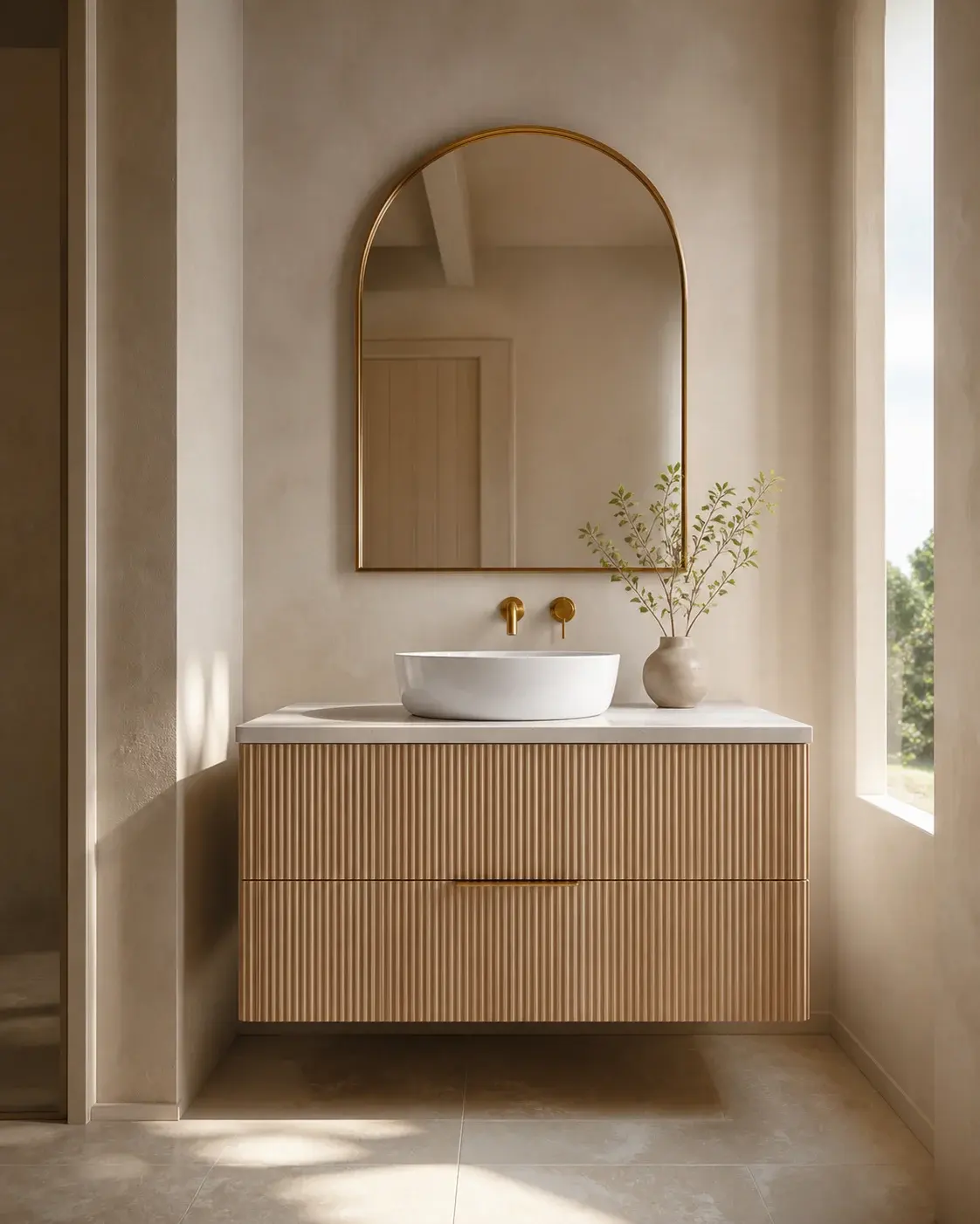 Fluted oak bathroom vanity with arched brass mirror