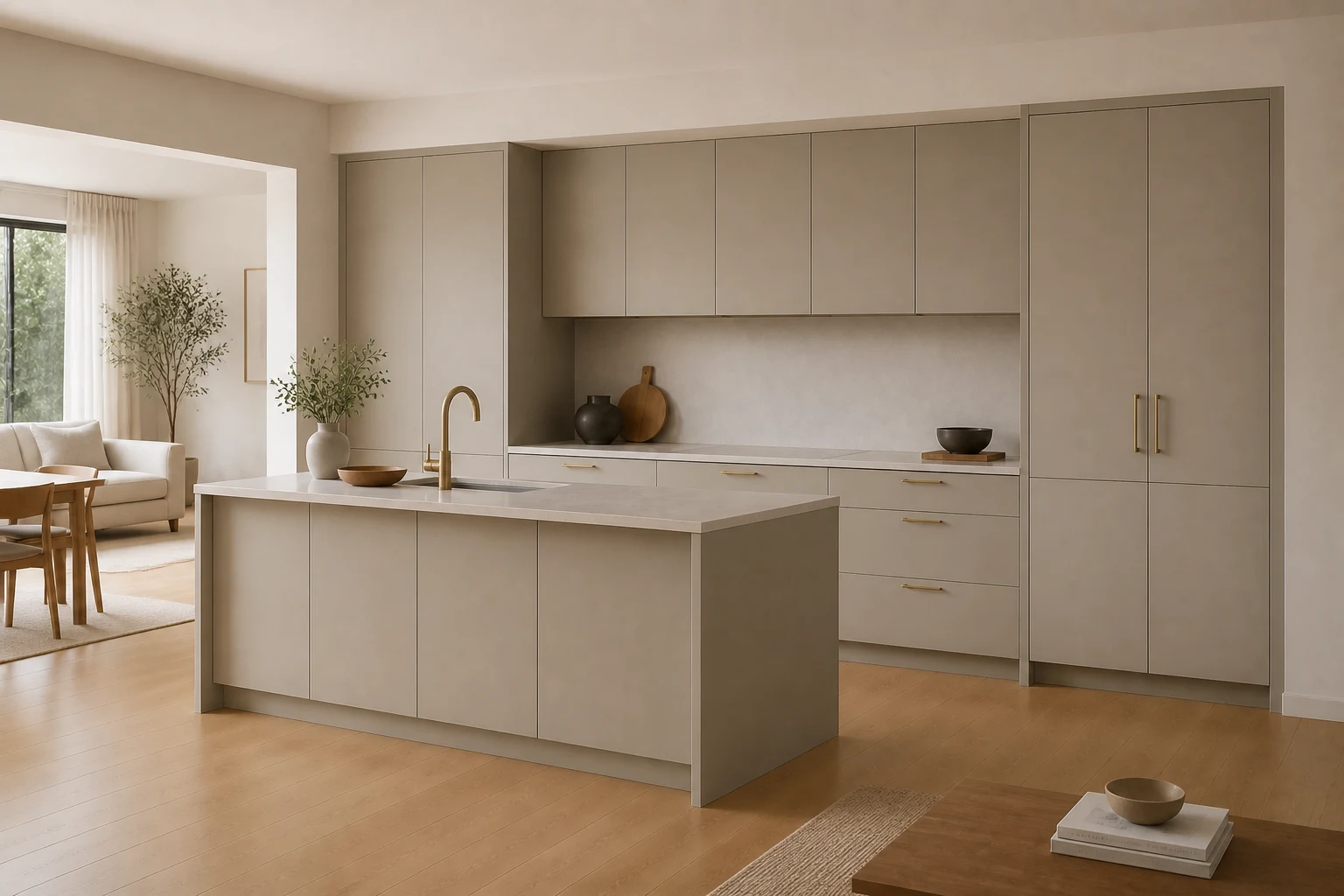 Slab cabinetry in a softly lit contemporary interior
