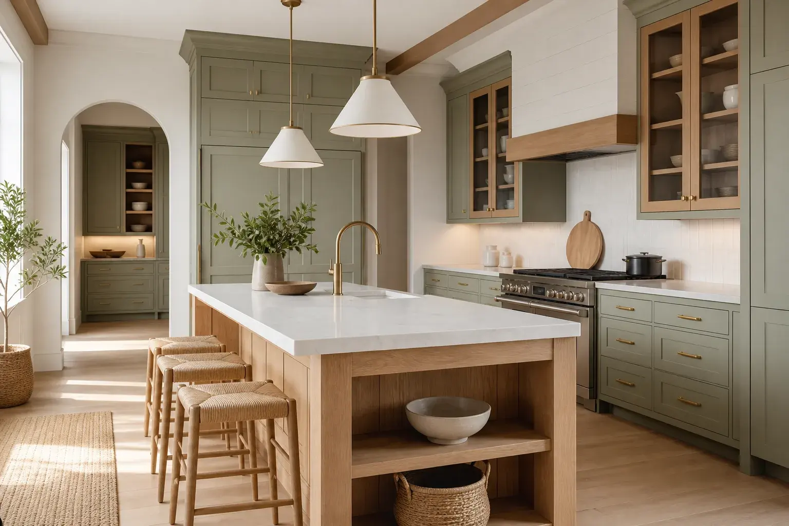 AI-assisted design concept of sage and oak kitchen cabinetry with an island in Stratford