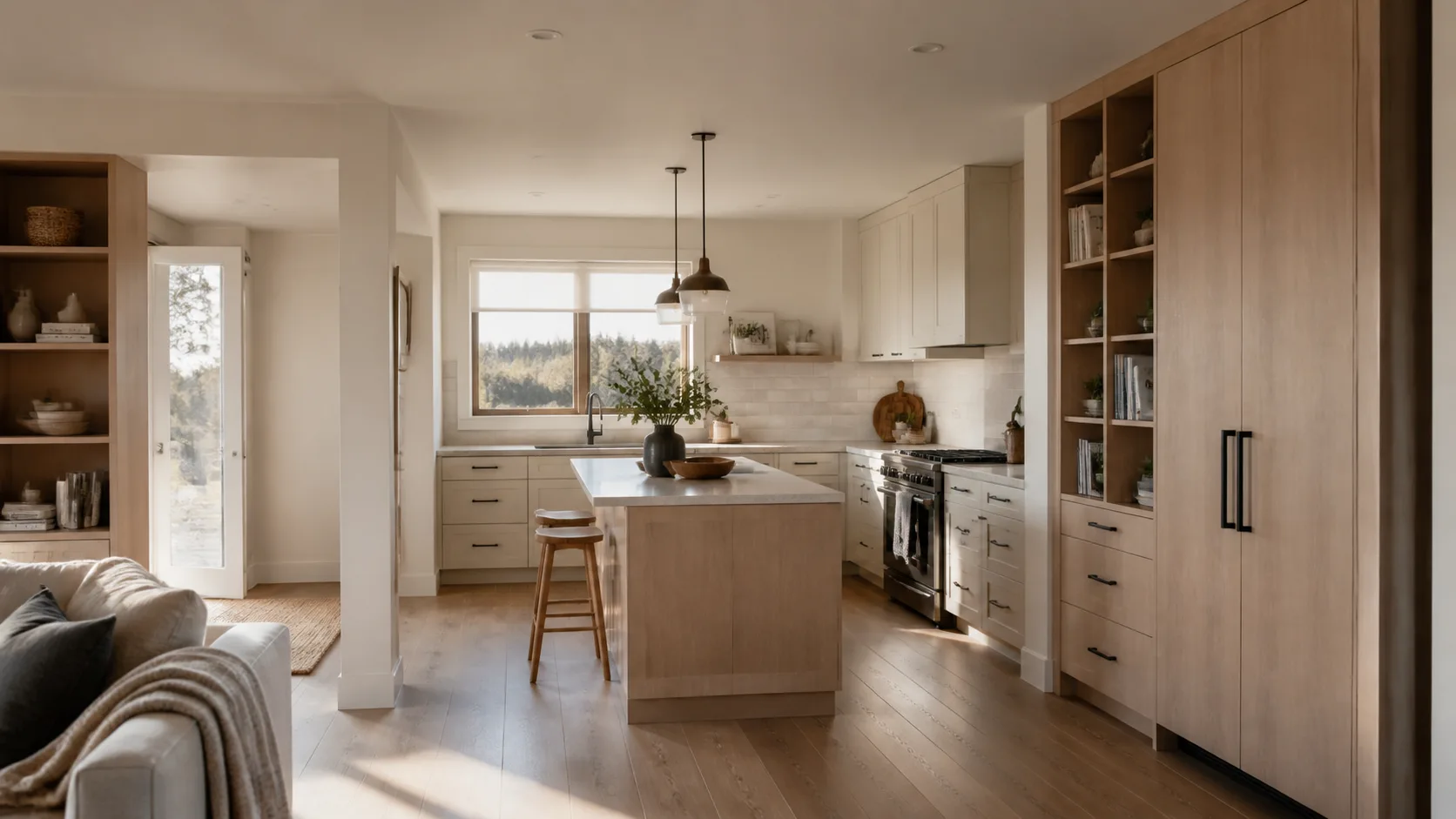 Editorial view of warm neutral custom kitchen cabinetry