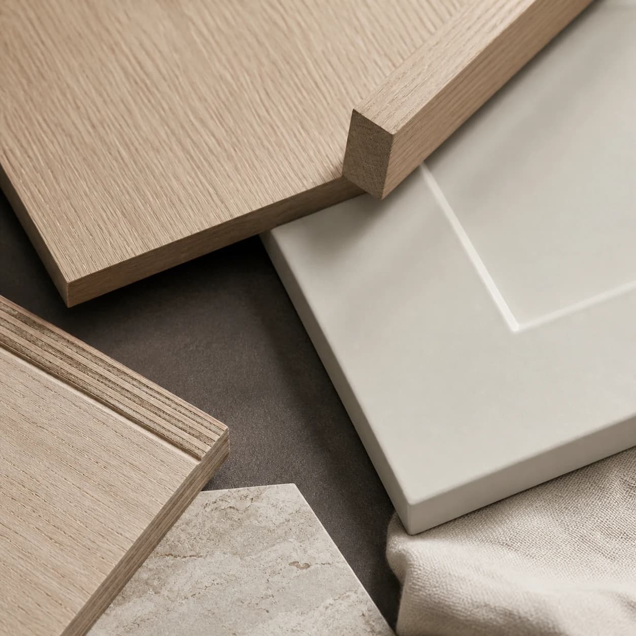 Oak veneer, painted MDF and layered cabinet board samples