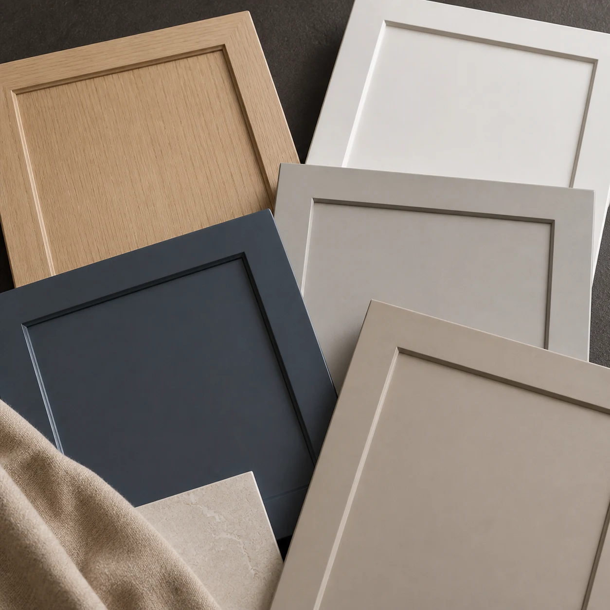 Warm oak, white, grey and blue-grey cabinetry color samples