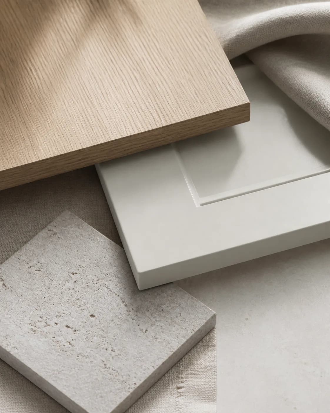 Cabinetry material samples with warm oak, painted finishes and stone