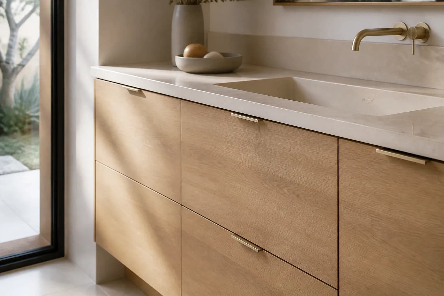 Editorial concept of bathroom cabinet fronts, countertop edge and integrated sink details