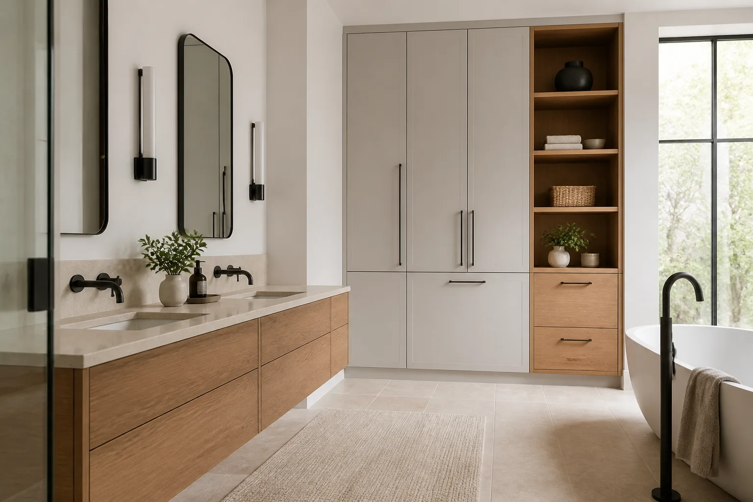 Editorial concept of bathroom cabinetry with a long vanity, tall storage and warm oak details