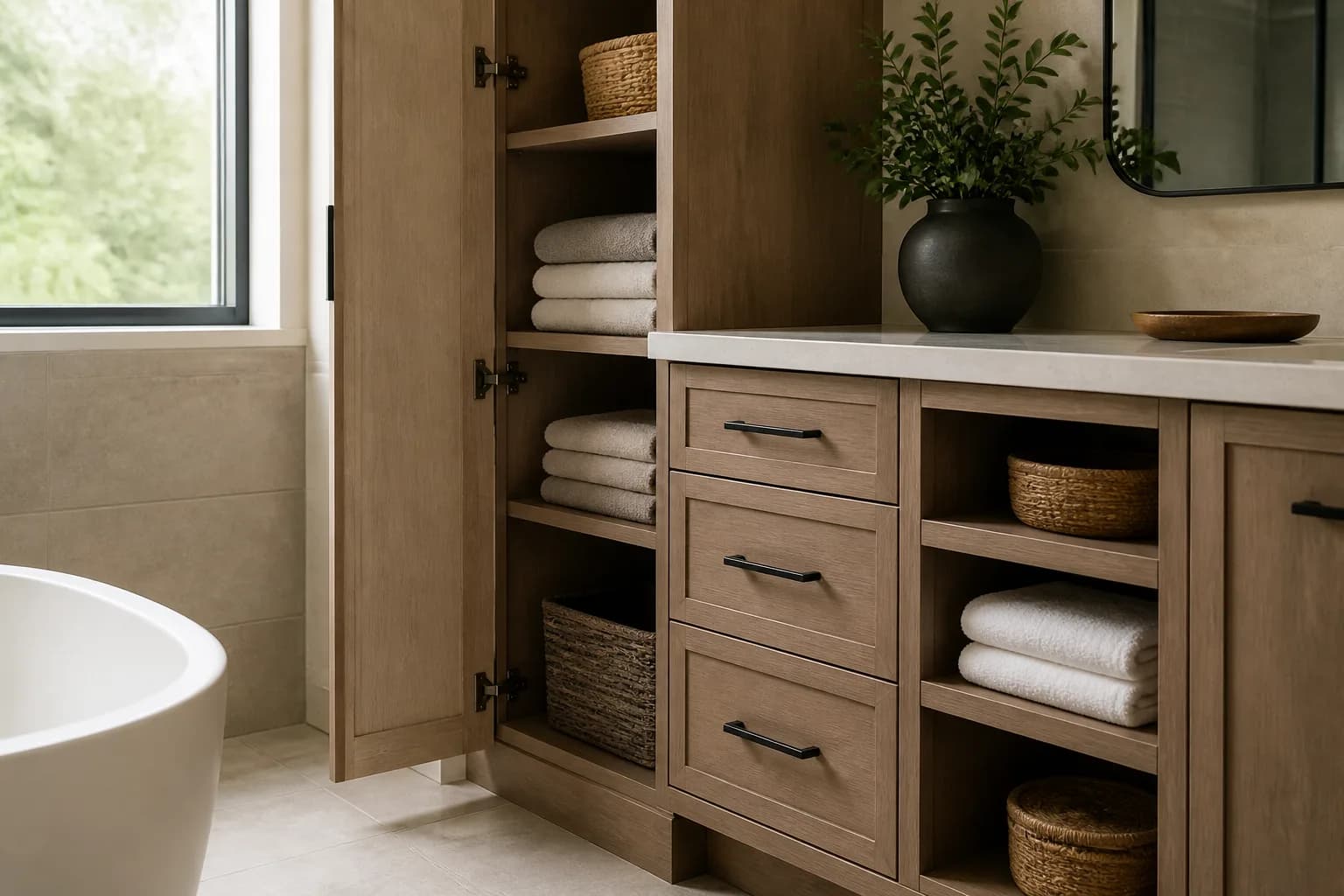 Editorial concept of bathroom cabinetry with open shelving, folded towels and closed storage