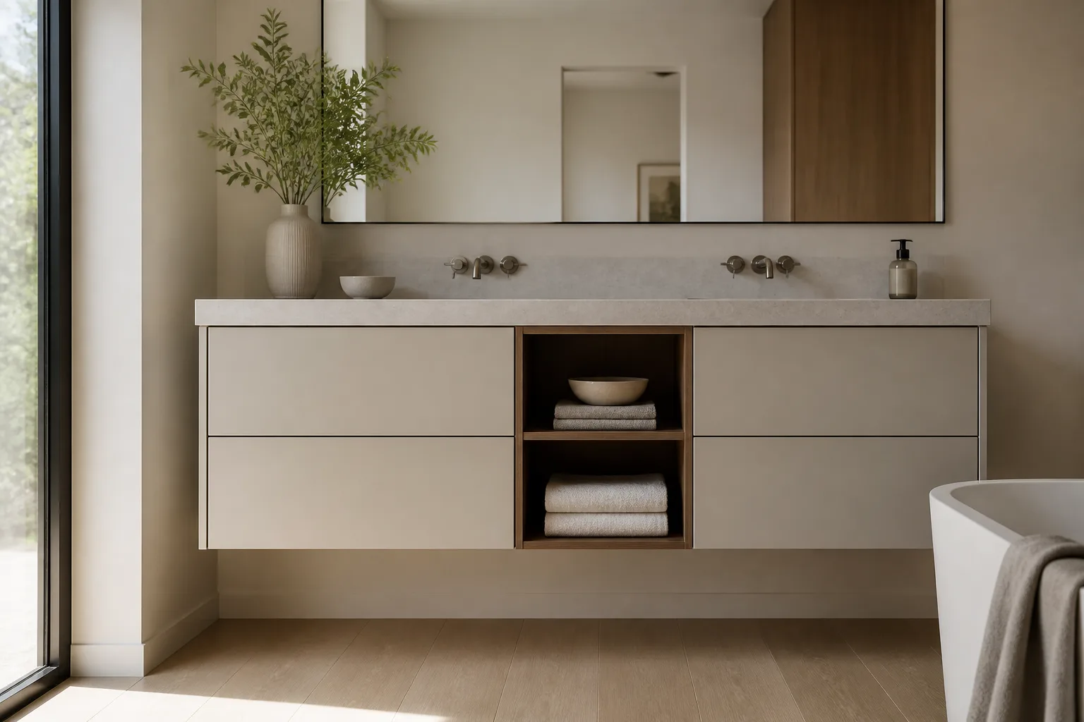 Editorial concept of a distinct floating bathroom vanity with soft painted fronts and stone countertop