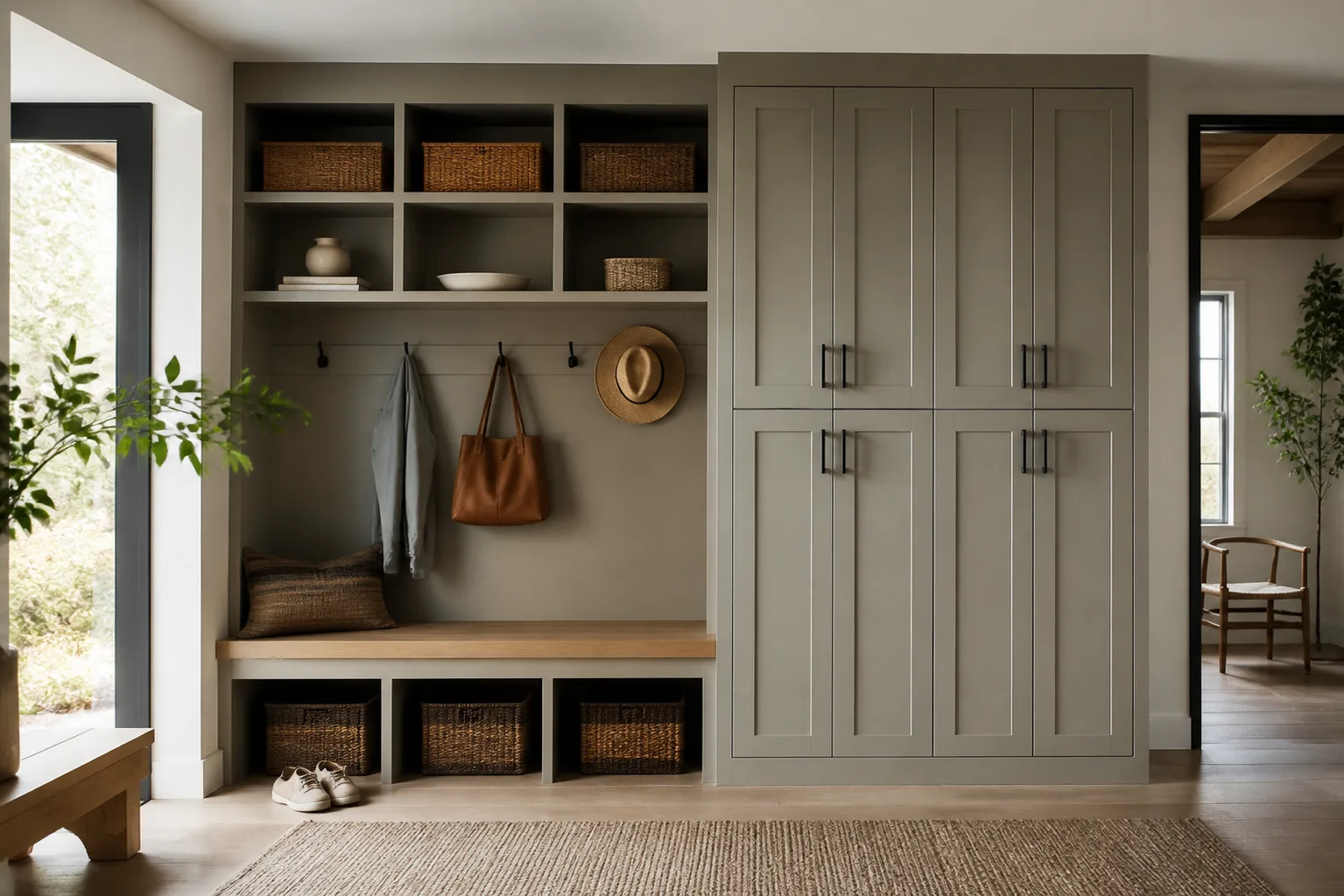 Editorial concept of built-in entry storage with a bench, open shelving and tall closed cabinetry