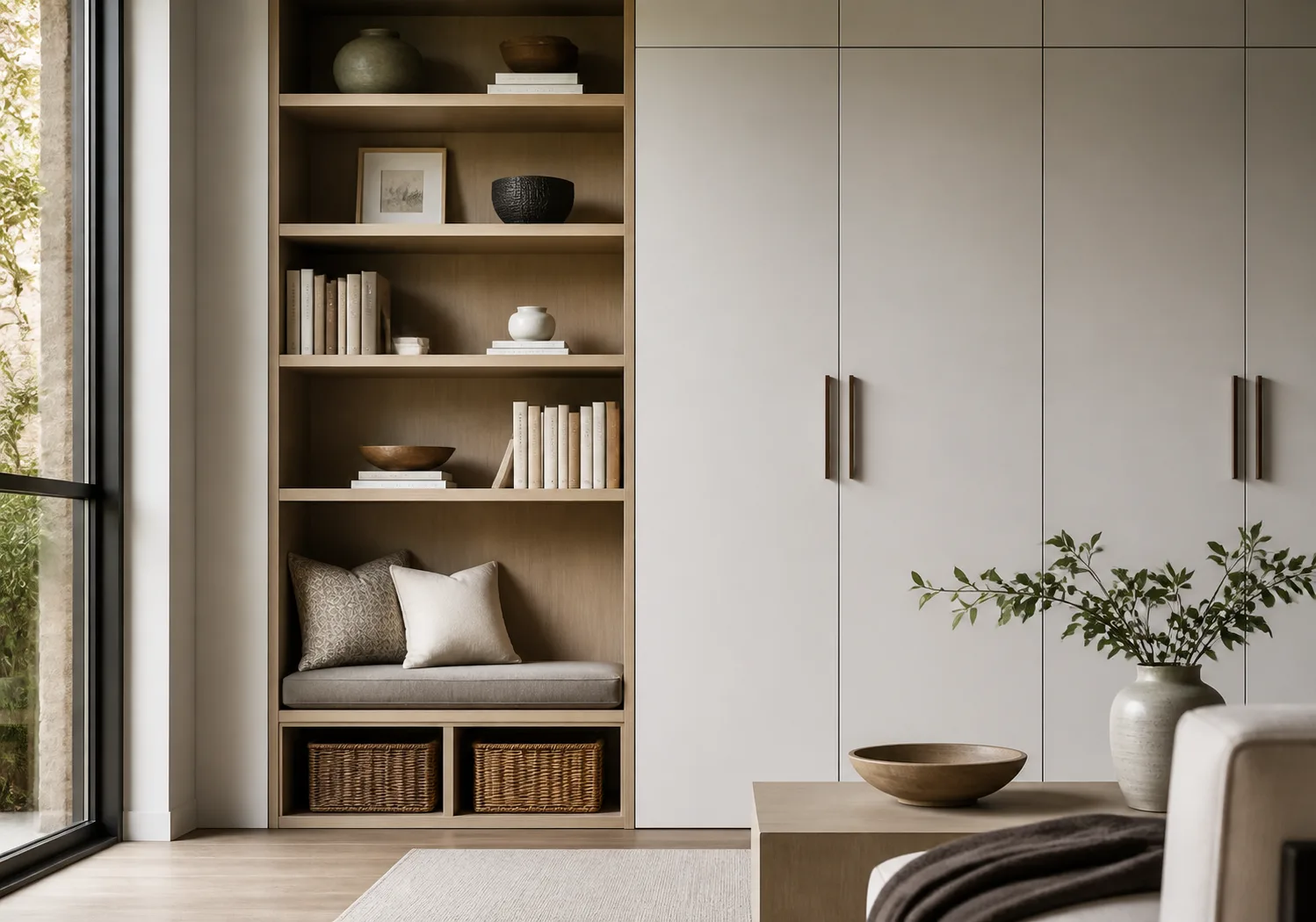Editorial concept of built-in shelving beside closed storage in a warm living space
