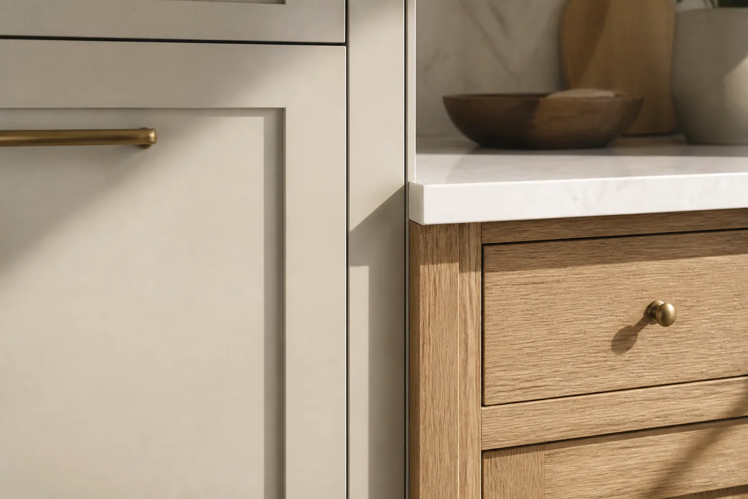 Editorial concept of painted and oak kitchen cabinet finishes meeting at a countertop
