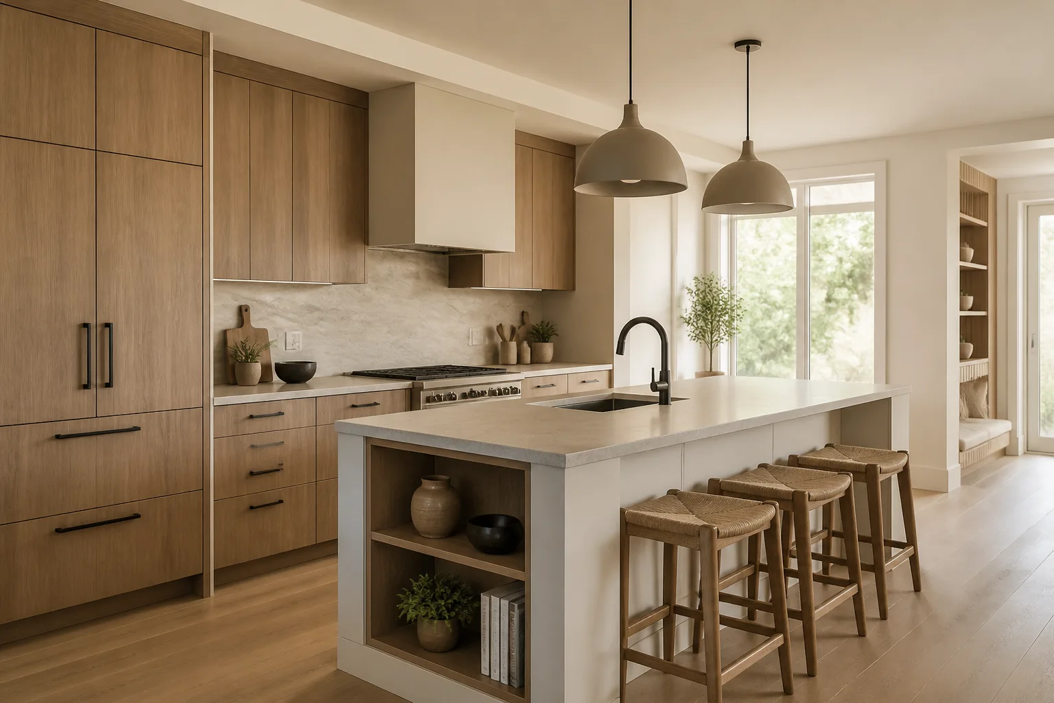 Editorial concept of warm oak kitchen cabinetry with a functional island and integrated storage