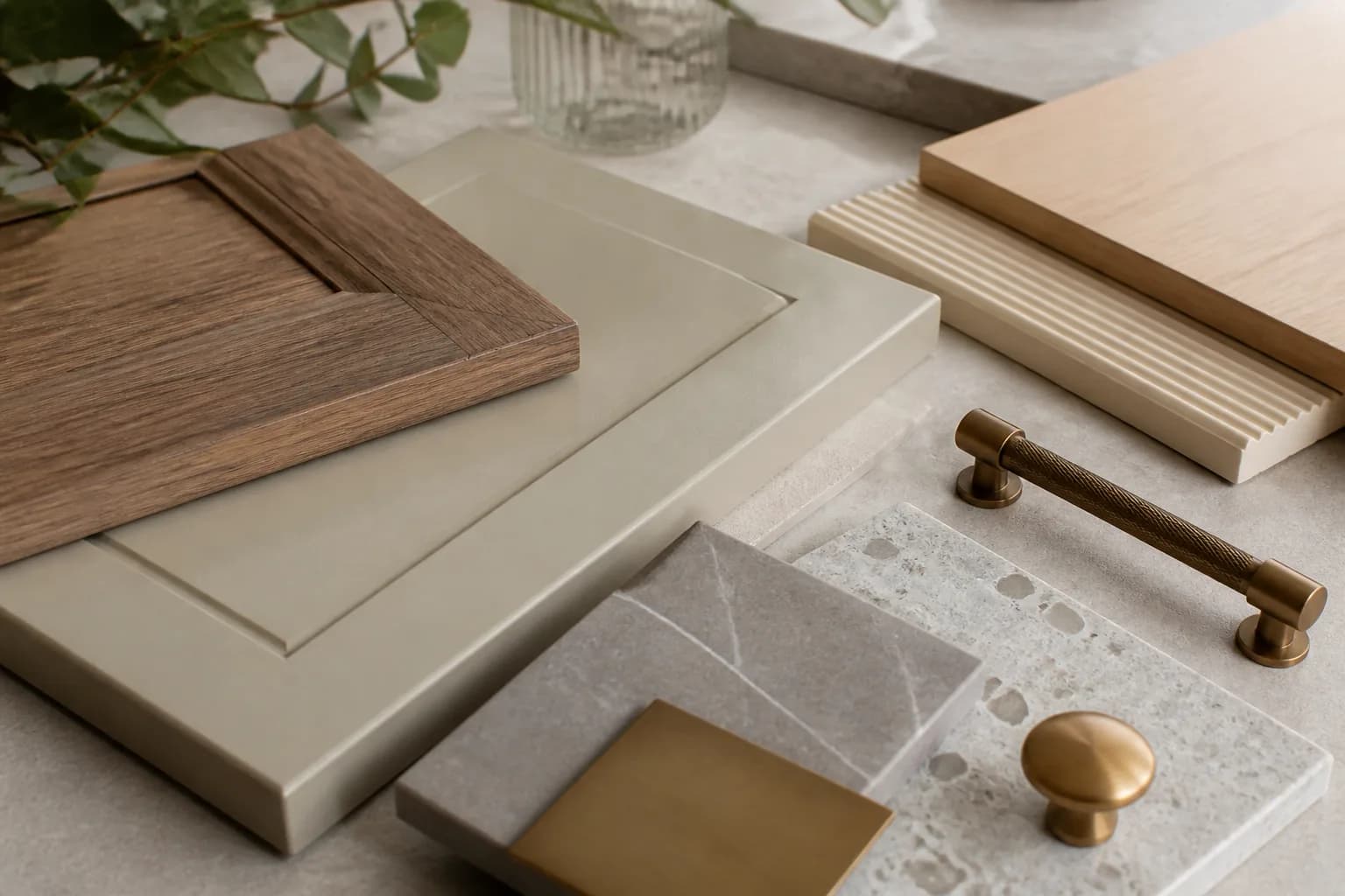 Editorial concept of cabinet doors, wood veneer and stone samples for a design review