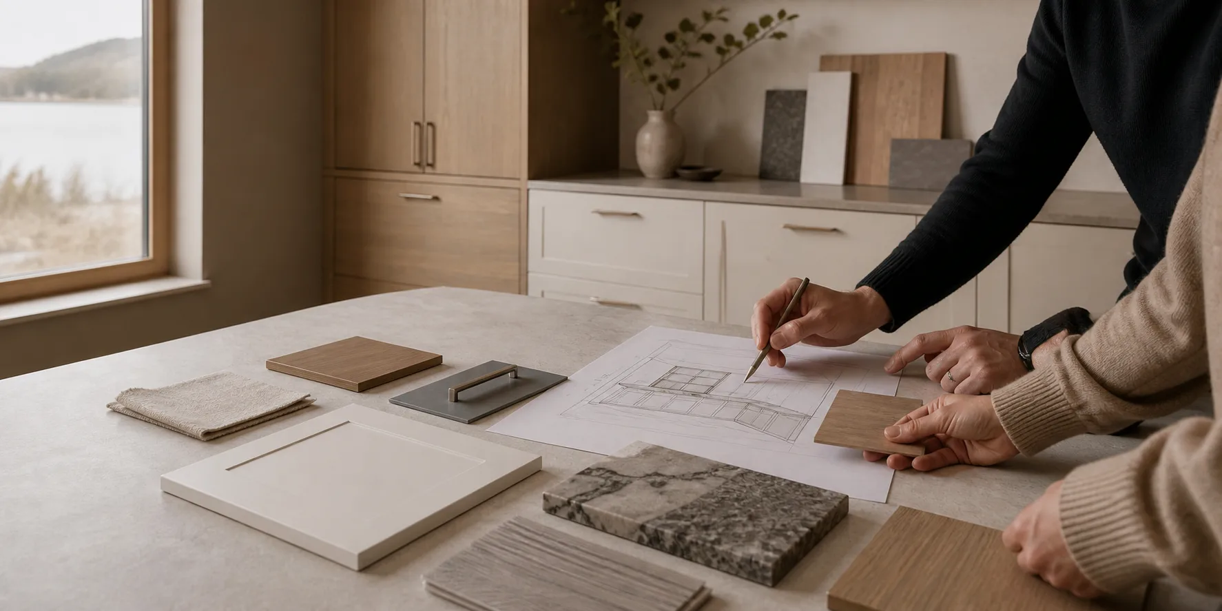 Editorial concept of a cabinetry team reviewing materials and a cabinet plan