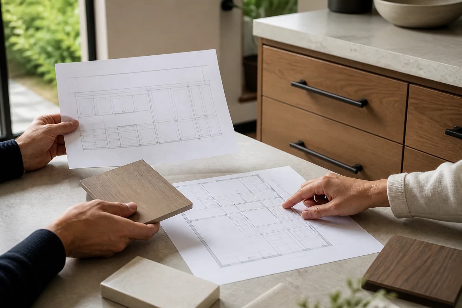 Editorial concept of a cabinetry plan and material sample reviewed beside finished drawers