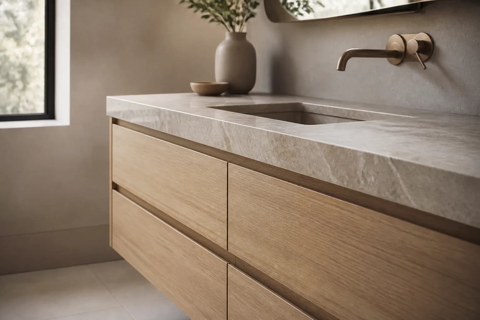 Editorial concept of a floating bathroom vanity with integrated basin and clean drawer fronts