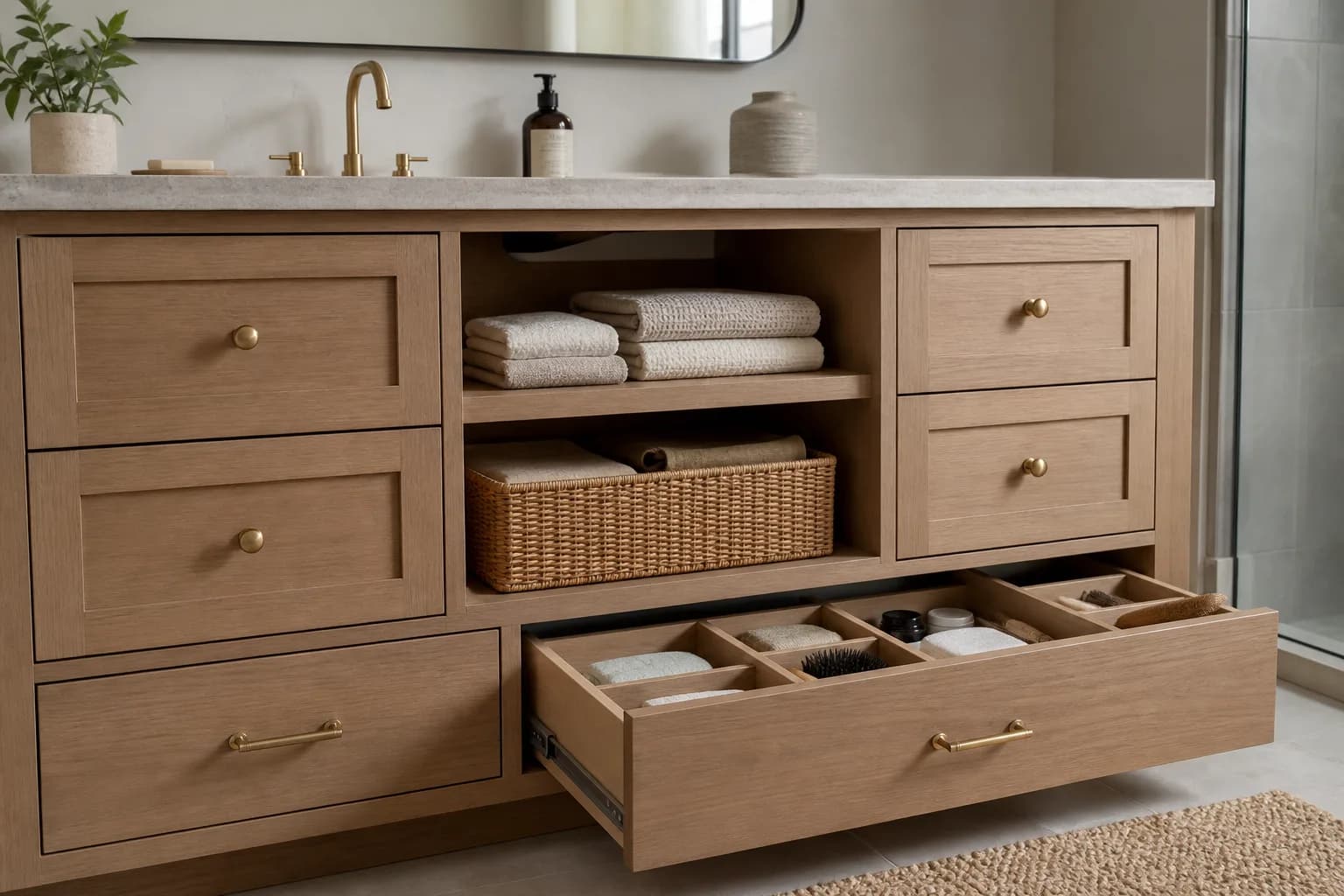 Editorial concept of vanity drawers, open shelving and organized bathroom storage