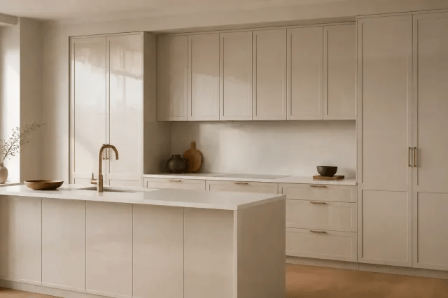 High Gloss Light Grey cabinet color in a warm contemporary kitchen