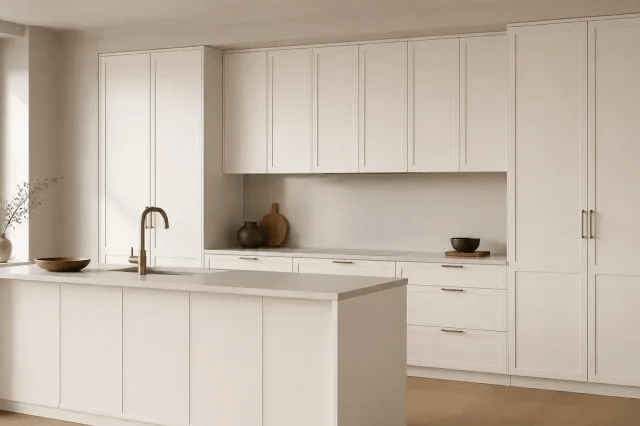 Ivory White cabinet color in a warm contemporary kitchen