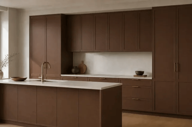 Brun Leather cabinet color in a warm contemporary kitchen