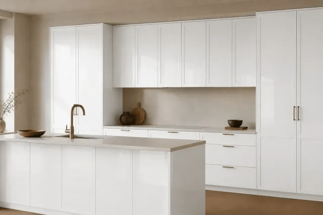 High Gloss White cabinet color in a warm contemporary kitchen