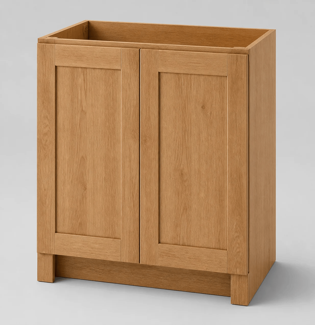 27 inch vanity, warm wood Shaker double-door cabinet