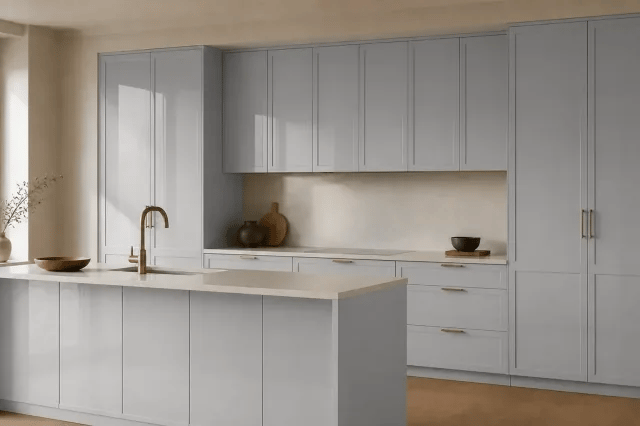 Gris Nube Glossy cabinet color in a warm contemporary kitchen