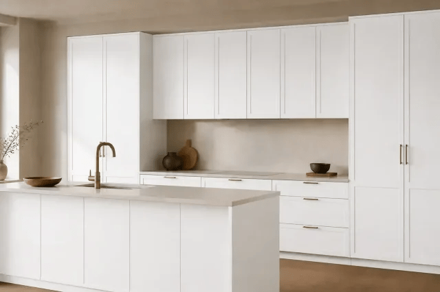 Snow Birch cabinet color in a warm contemporary kitchen