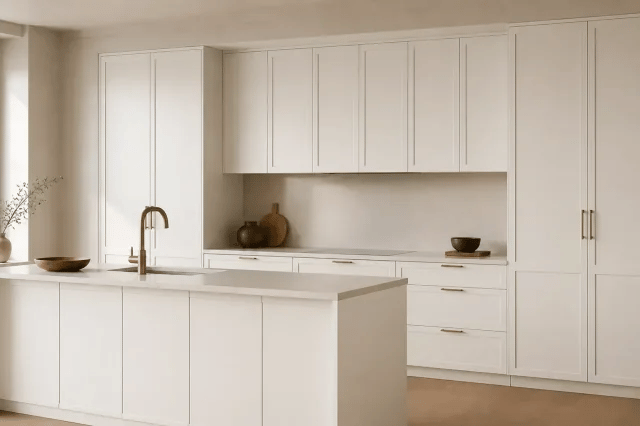 Double Shaker White cabinet color in a warm contemporary kitchen