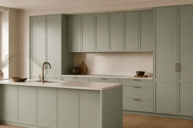 Verde Salvia Matte cabinet color in a warm contemporary kitchen