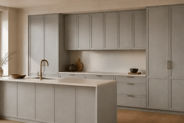 Concrete cabinet color in a warm contemporary kitchen