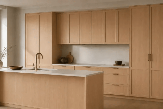 Wheat Oak cabinet color in a warm contemporary kitchen