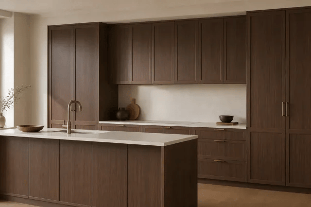 Noce Leuca cabinet color in a warm contemporary kitchen