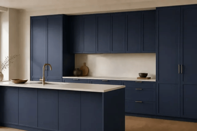 Marine Blue cabinet color in a warm contemporary kitchen