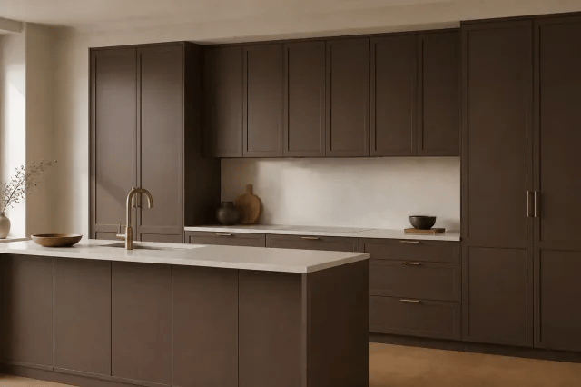 Mocha cabinet color in a warm contemporary kitchen