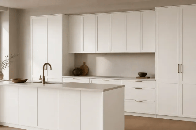 Cloud White cabinet color in a warm contemporary kitchen
