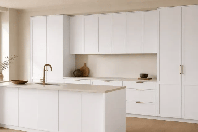 Matte White cabinet color in a warm contemporary kitchen