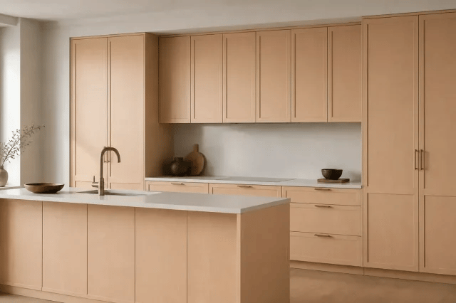 Scorpion Birch cabinet color in a warm contemporary kitchen