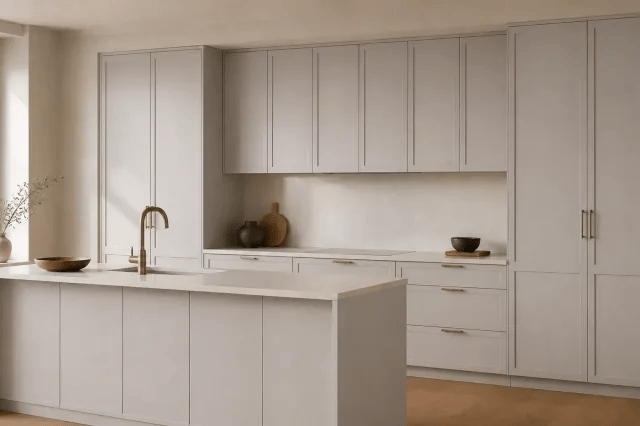 Double Shaker Blue cabinet color in a warm contemporary kitchen